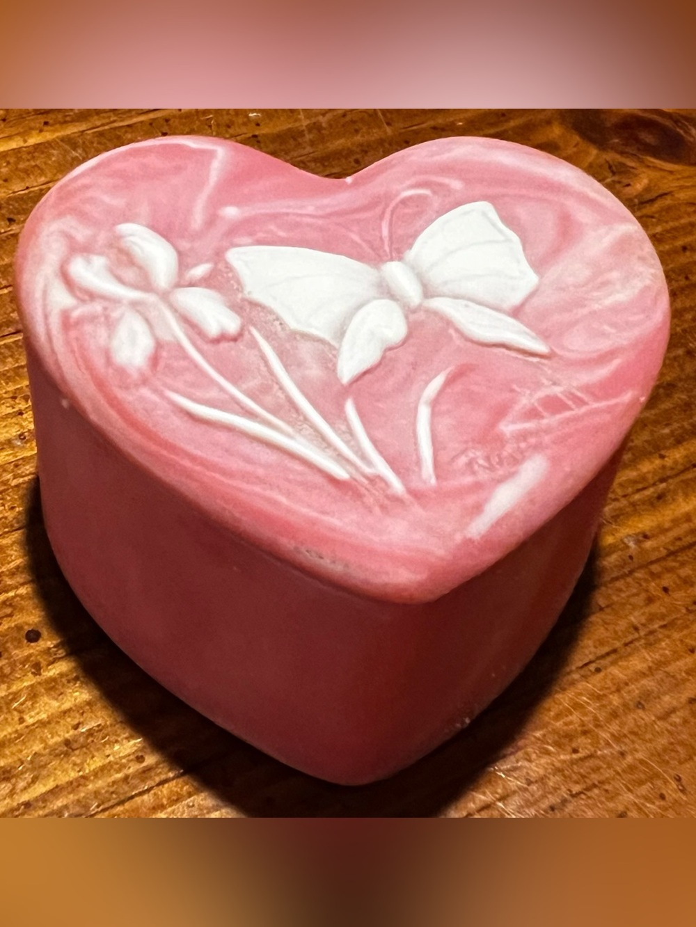 VTG Robert Nemith Signed Heart Pink Soapstone Trinket Box Butterfly Made In USA